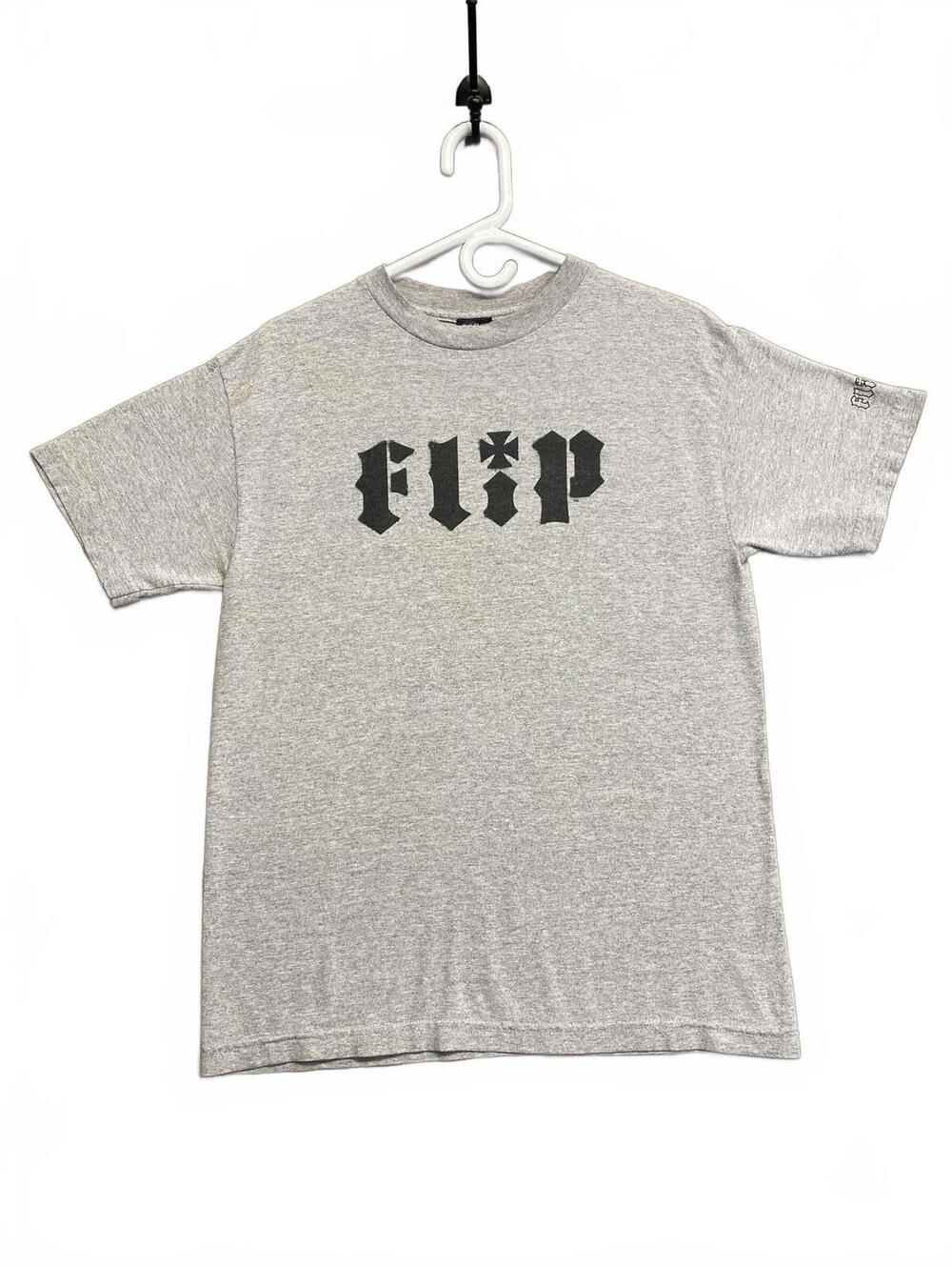 Vintage Y2K Flip Skateboards Streetwear Distressed Grey Graphic T-Shirt Medium